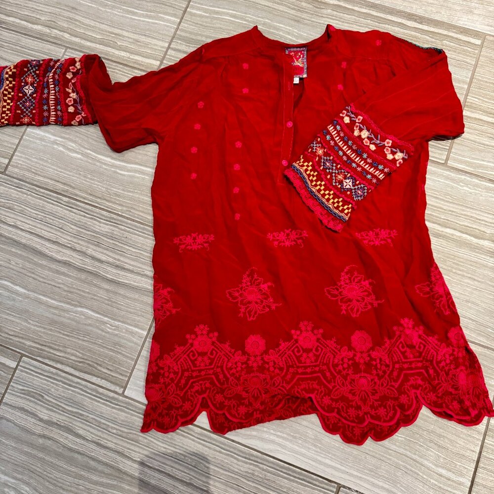 Johnny Was Women’s Bright Red Embroidered Tunic Size M